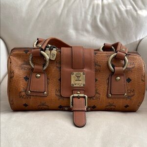 MCM Cognac Monogram Barrel Bag